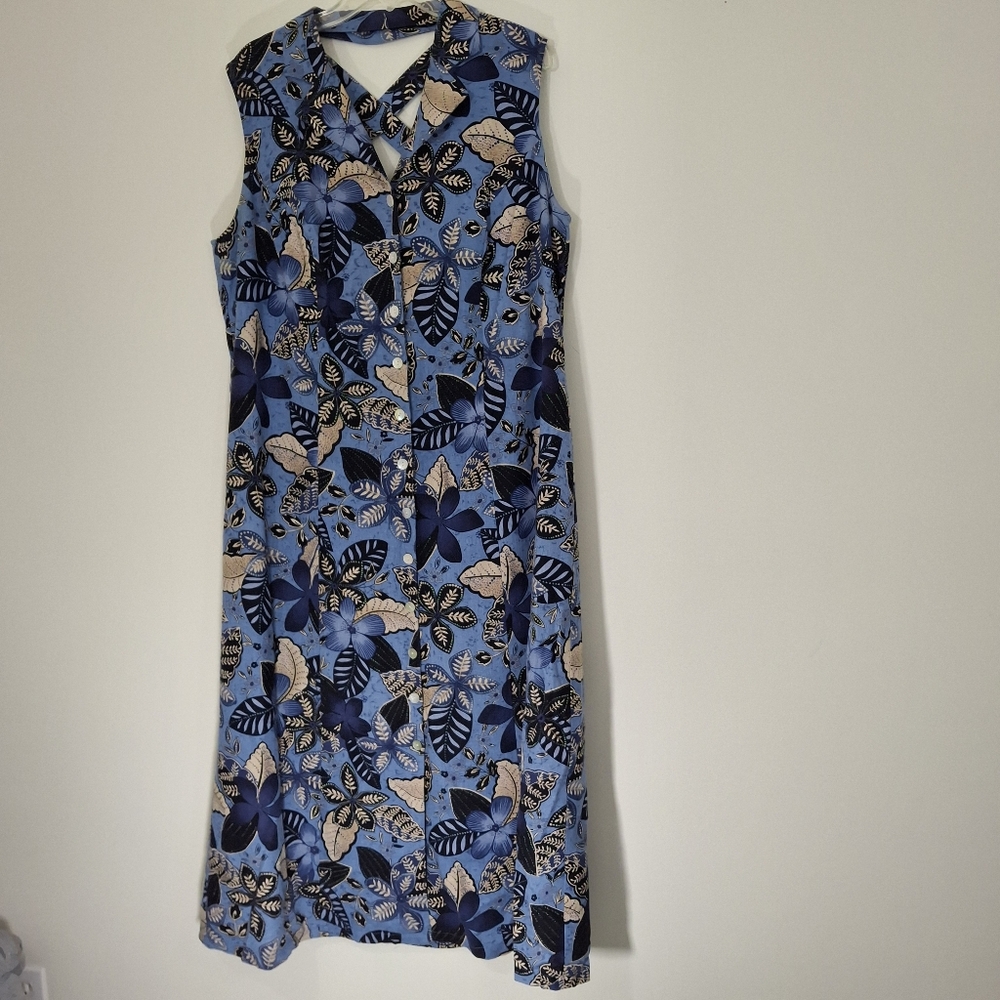 Coldwater Creek Blue Floral Linen Sleeveless Button Front Dress